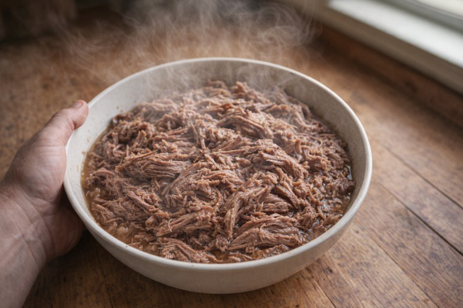 A top-down shot of tender, shredded boiled beef in a bowl, steam rising, with a rustic wooden background and soft, natural lighting